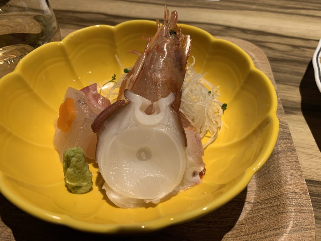 作並温泉のゆづくしsalon一の坊のバイキング夕食　赤海老　鯛　タコ